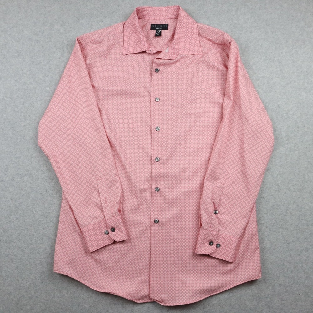 Alfani Shirt‎ Mens 16-16.5 32/33 Slim Fit Button Up Pink Geometric Long Sleeve